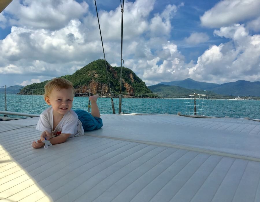 Baby on board. Group of friends on a tour excursion on the luxury sailboat Aello Yachting in Koh Samui, Angthong National marine Park, Koh Phangan, Koh Tan and Koh Madsum, in southern Thailand.