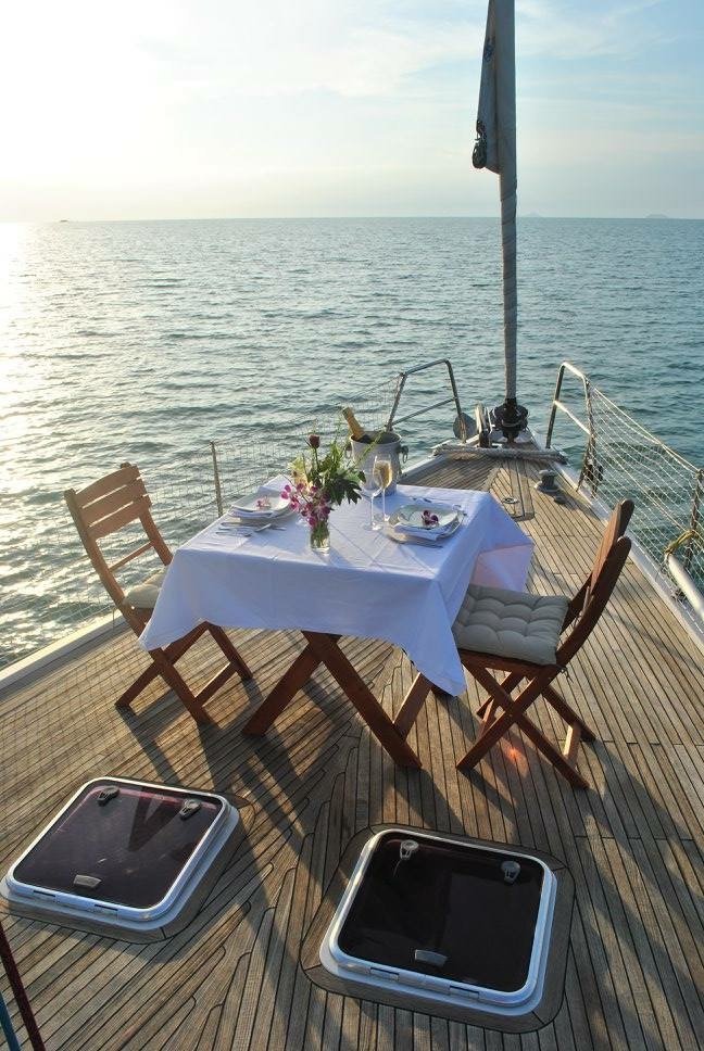 Romantic dinner on the sea. Group of friends on a tour excursion on the luxury sailboat Aello Yachting in Koh Samui, Angthong National marine Park, Koh Phangan, Koh Tan and Koh Madsum, in southern Thailand.